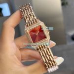 Copy Cartier Panthere De Red Dial Diamond Case Rose Gold Watch